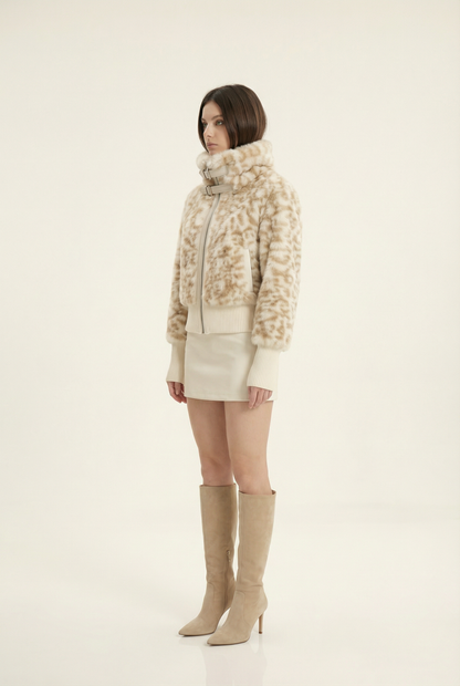 Julie Short Jacket with Stand Collar – Beige & Brown