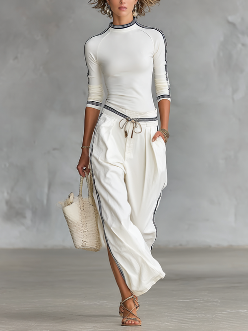 🌸 Women's Two-Piece Set: Long-Sleeve Sports T-Shirt with Mock Neck and Wide-Leg Drawstring Pants