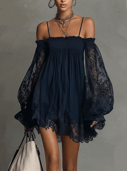 Noemi | Chiffon mini dress with an off-the-shoulder neckline, lace trim, and sheer sleeves