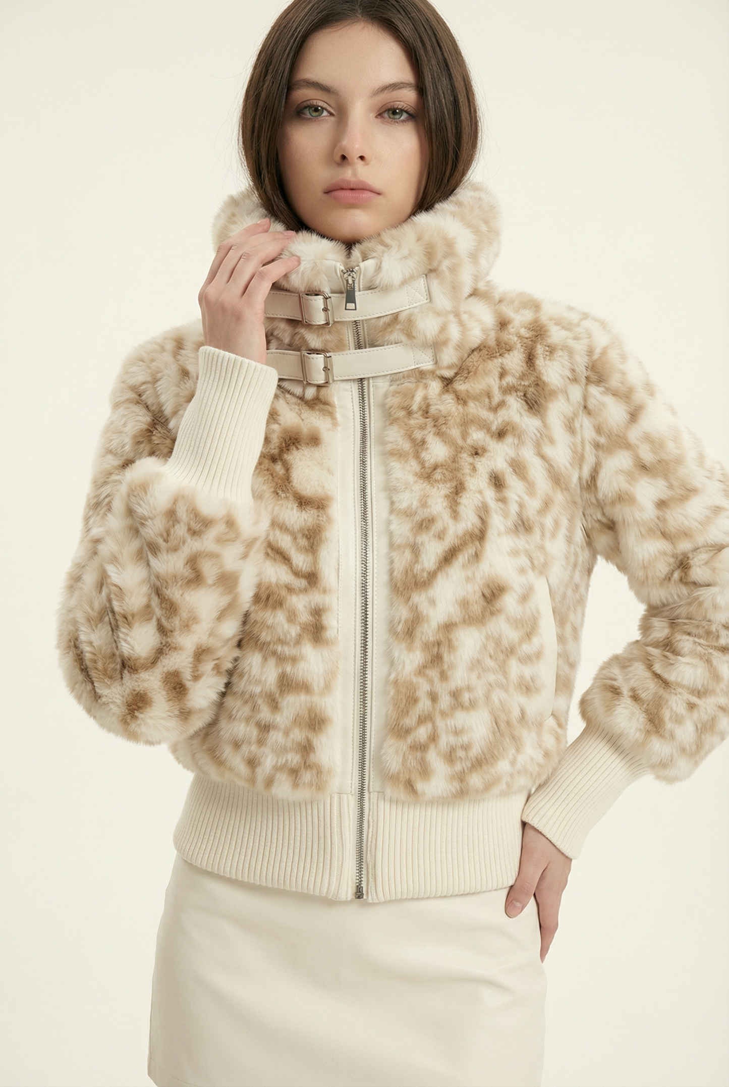 Julie Short Jacket with Stand Collar – Beige & Brown