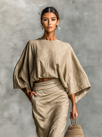 🌸 Two-Piece Cotton-Linen Blend Maxi Skirt Set with Batwing Sleeves