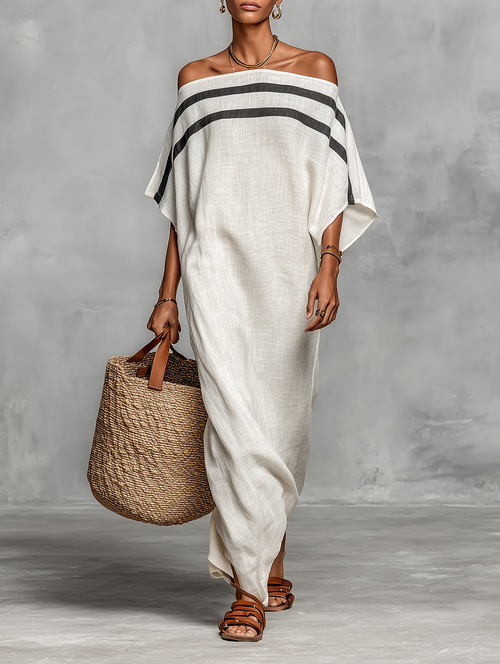 🌸 Women's Minimalist Linen Maxi Dress with Off-the-Shoulder Batwing Sleeves