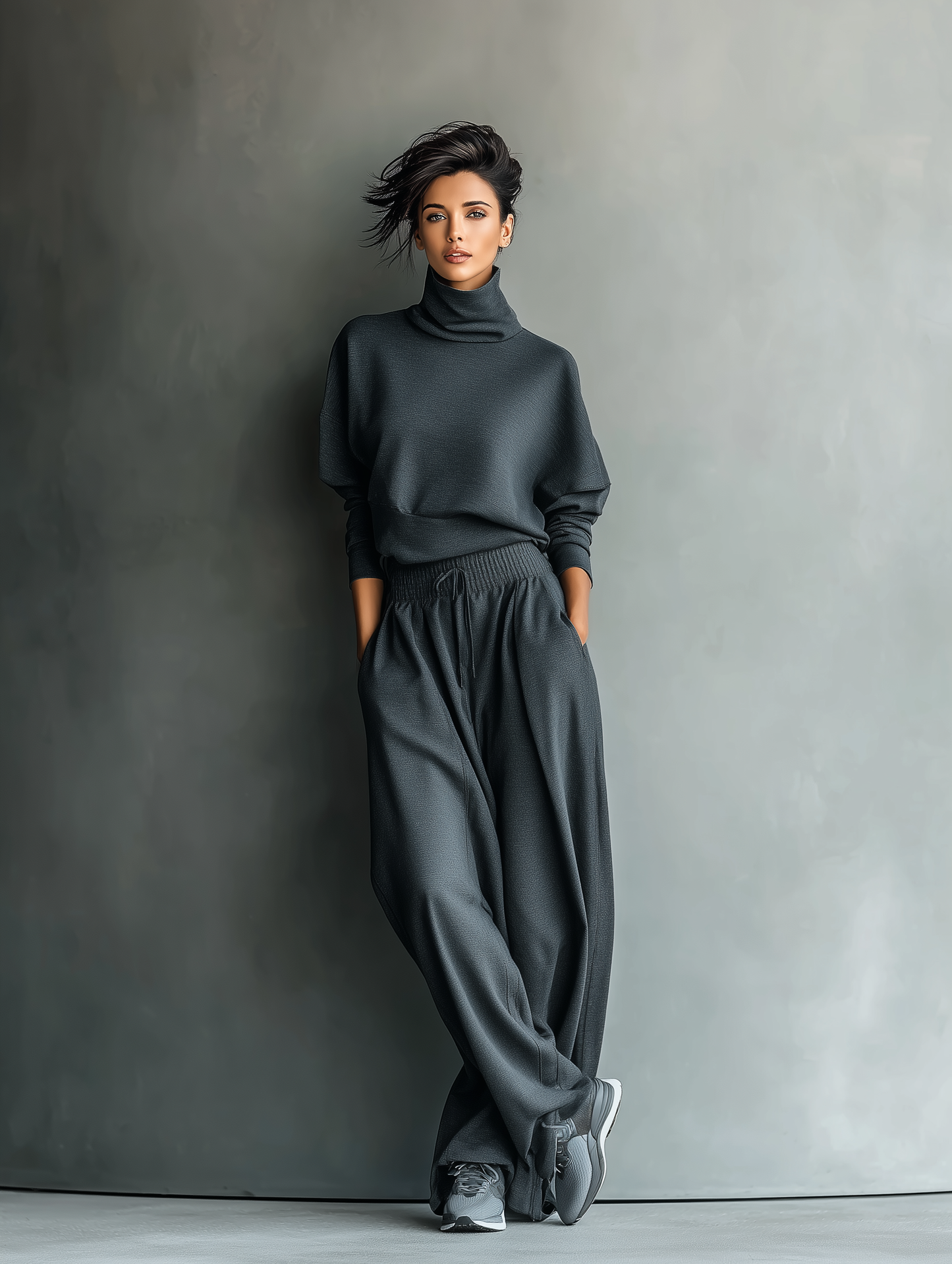🌸 Women's Charcoal Knit Set with High Neck Top and Wide-Leg Pants