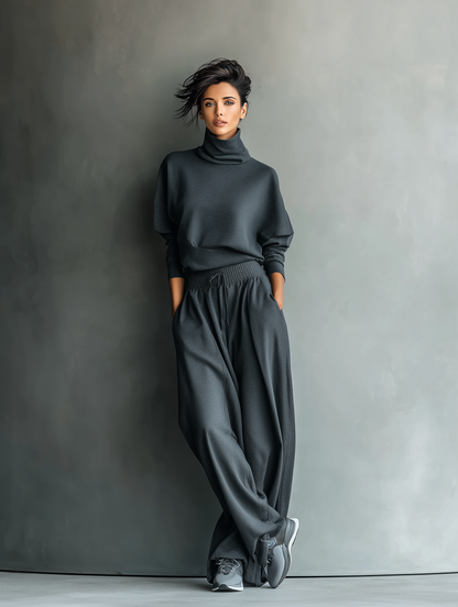 🌸 Women's Charcoal Knit Set with High Neck Top and Wide-Leg Pants