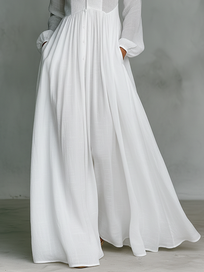 Minimalist Cotton & Linen Patchwork Maxi Dress with Stand Collar and Long Sleeves