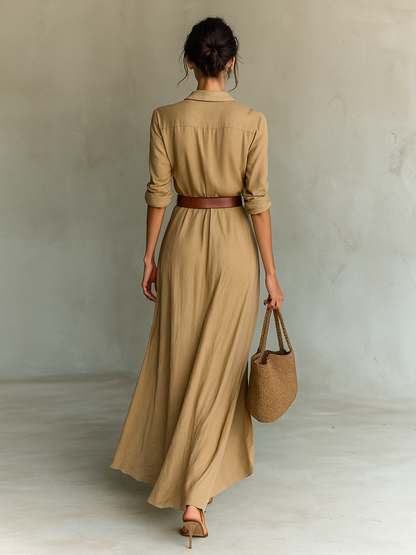 ESSENTIAL - Maxi Long Dress with Lapel Collar and Long Sleeves for Women