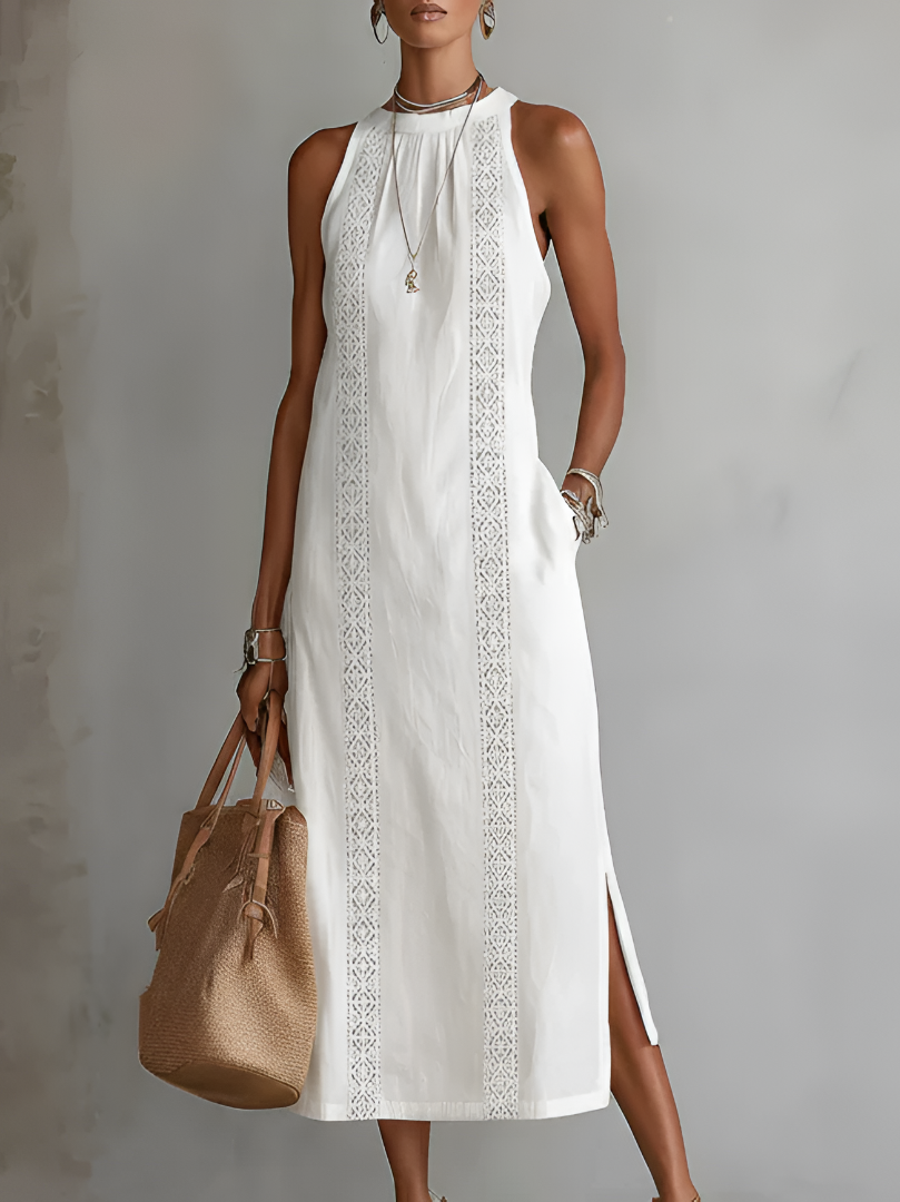 Bianca | Linen Midi Dress with Mandarin Collar