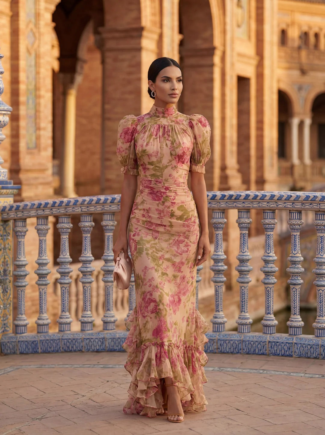 Fiora | Vintage Rose Print Maxi Dress with Puff Sleeves