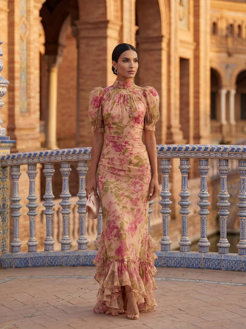 Fiora | Vintage Rose Print Maxi Dress with Puff Sleeves