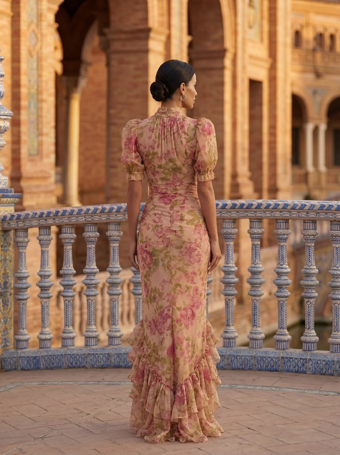 Fiora | Vintage Rose Print Maxi Dress with Puff Sleeves