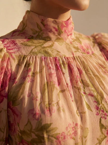 Fiora | Vintage Rose Print Maxi Dress with Puff Sleeves