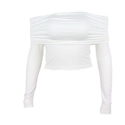 Ruched off shoulder long sleeve backless solid crop top