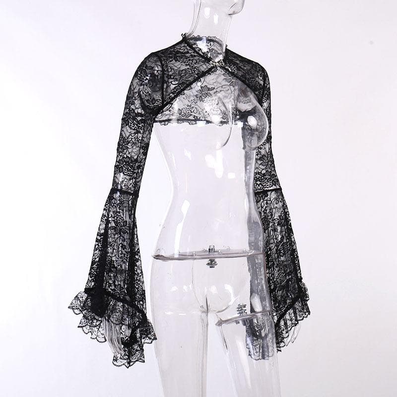 Solid flared sleeve lace hem button hollow out shrug cut out top