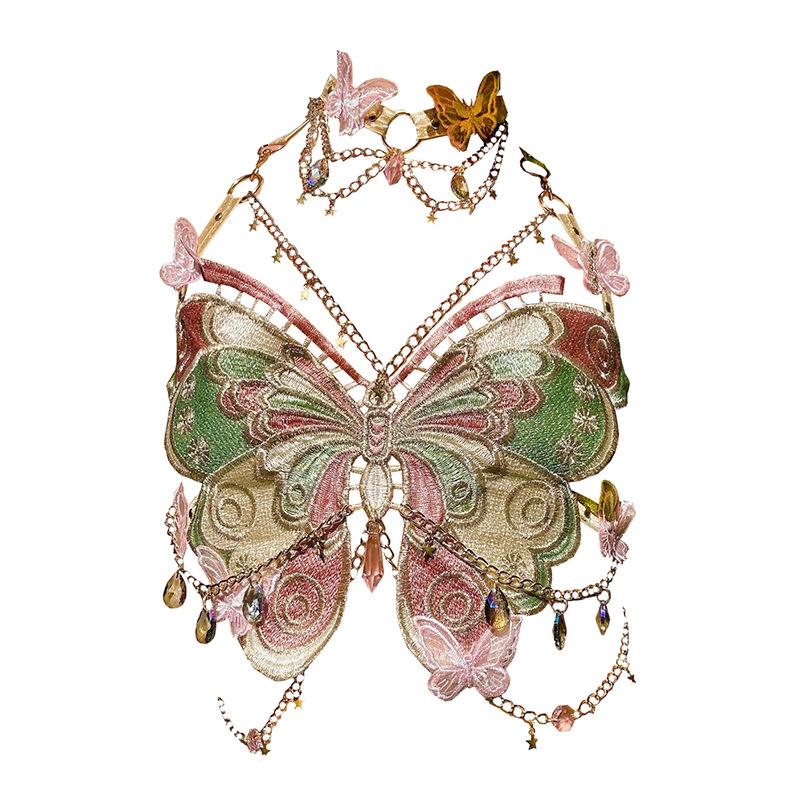 Butterfly embroidery metal chain halter top with choker