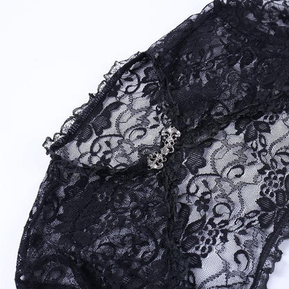 Solid flared sleeve lace hem button hollow out shrug cut out top