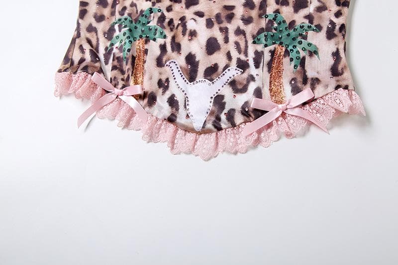 Bowknot leopard print lace hem backless tube top