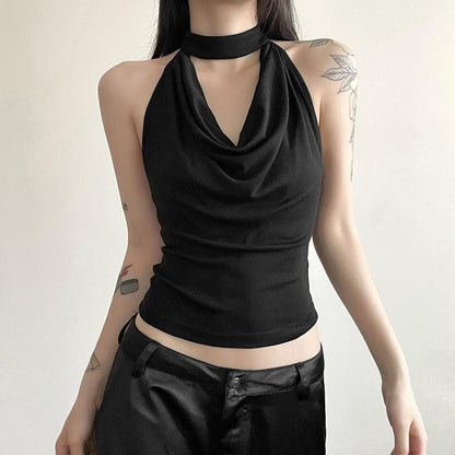 Cowl neck halter solid backless button sleeveless top