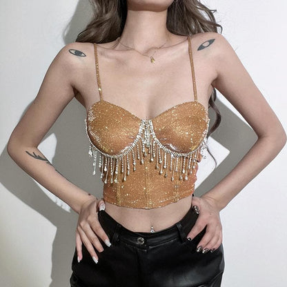 Tassel heart neck glitter cami crop top
