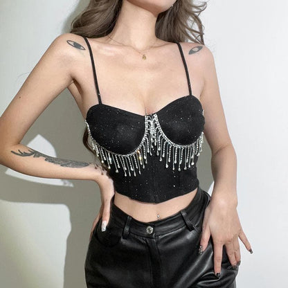 Tassel heart neck glitter cami crop top