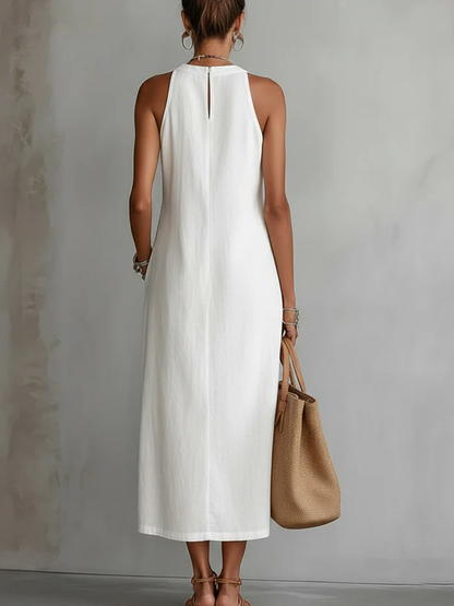 Bianca | Linen Midi Dress with Mandarin Collar
