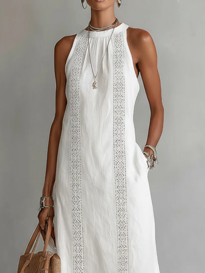 Bianca | Linen Midi Dress with Mandarin Collar