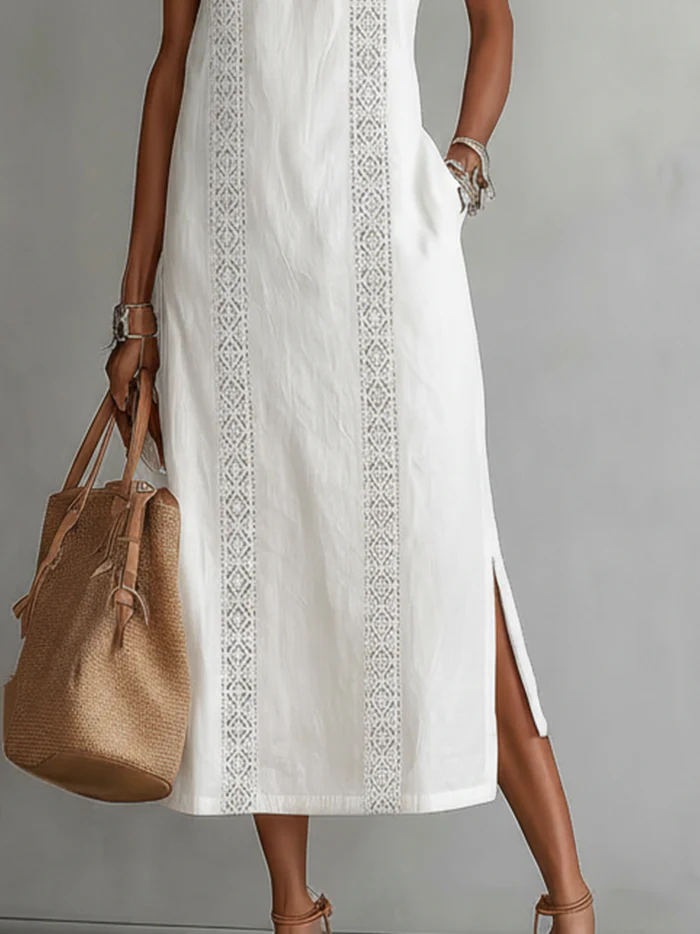 Bianca | Linen Midi Dress with Mandarin Collar
