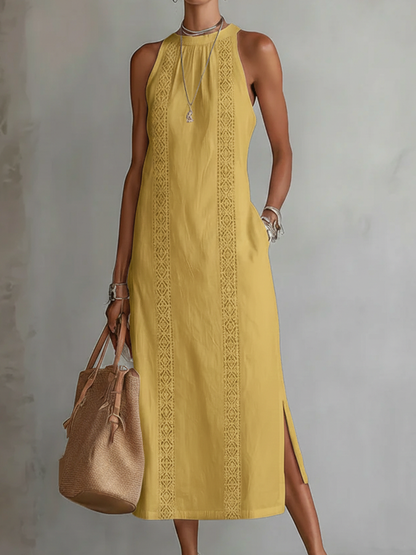 Bianca | Linen Midi Dress with Mandarin Collar