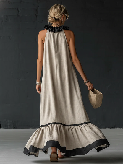 Elegant and romantic maxi dress with ruffles and colour-block panels