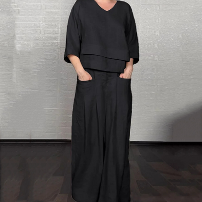 Liza | 2-piece cotton-linen set – V-neck top and wide-leg trousers • S1