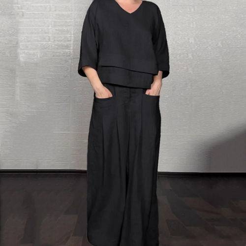 Liza | 2-piece cotton-linen set – V-neck top and wide-leg trousers • S1
